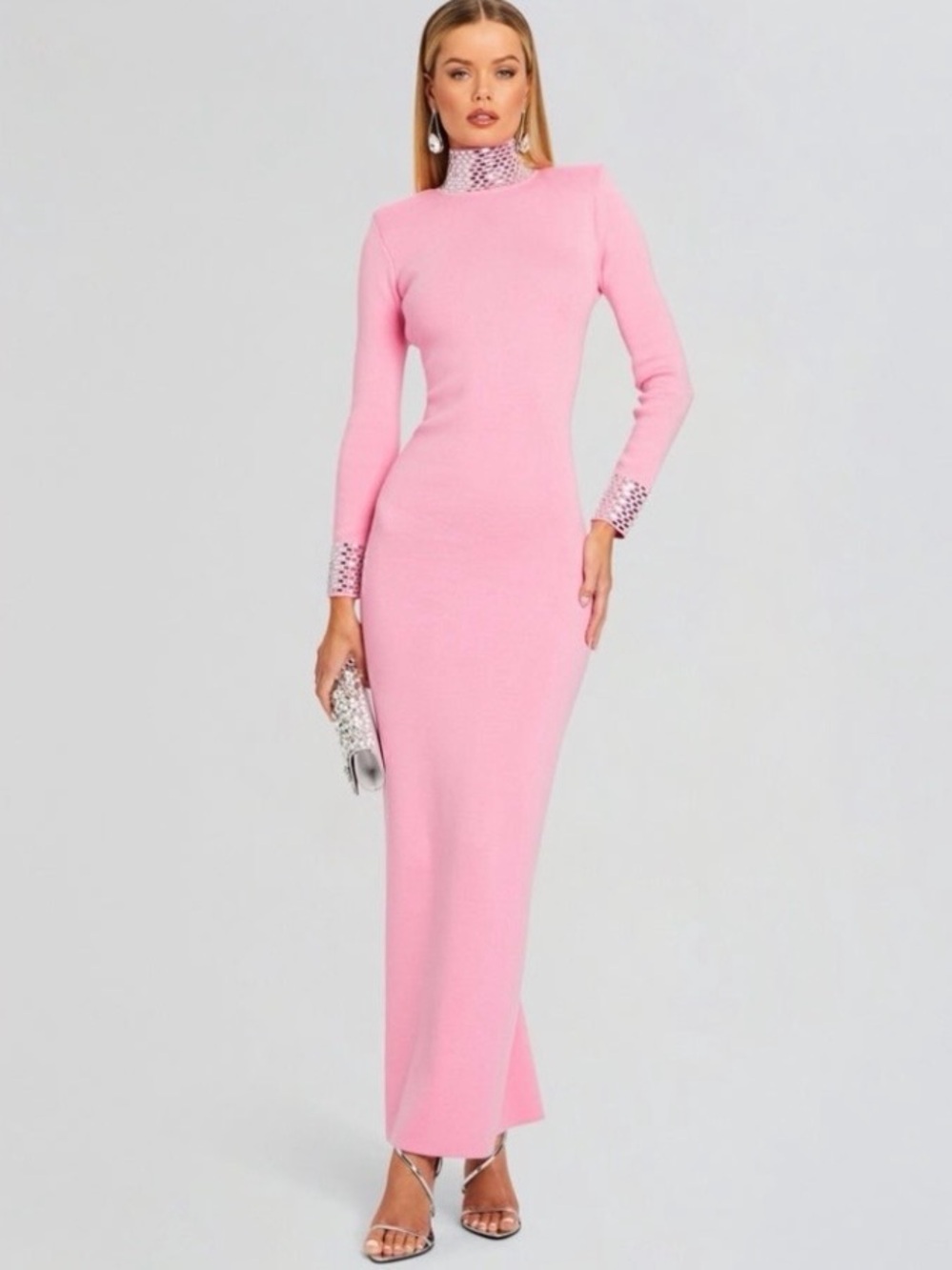 Retrofete Monroe Pink Long-Sleeve Maxi Dress with Embellished Collar & Cuffs